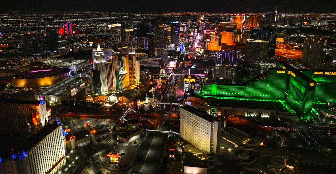 An aerial shot of the iconic resorts on the Las Vegas Strip, such as MGM, New York-New York, Excalibur and many more
