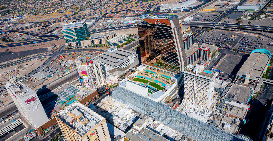 Daytime view of Downtown Las Vegas skyline with Plaza and Circa